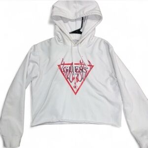 White Guess hoodie with red and pink flame  accents